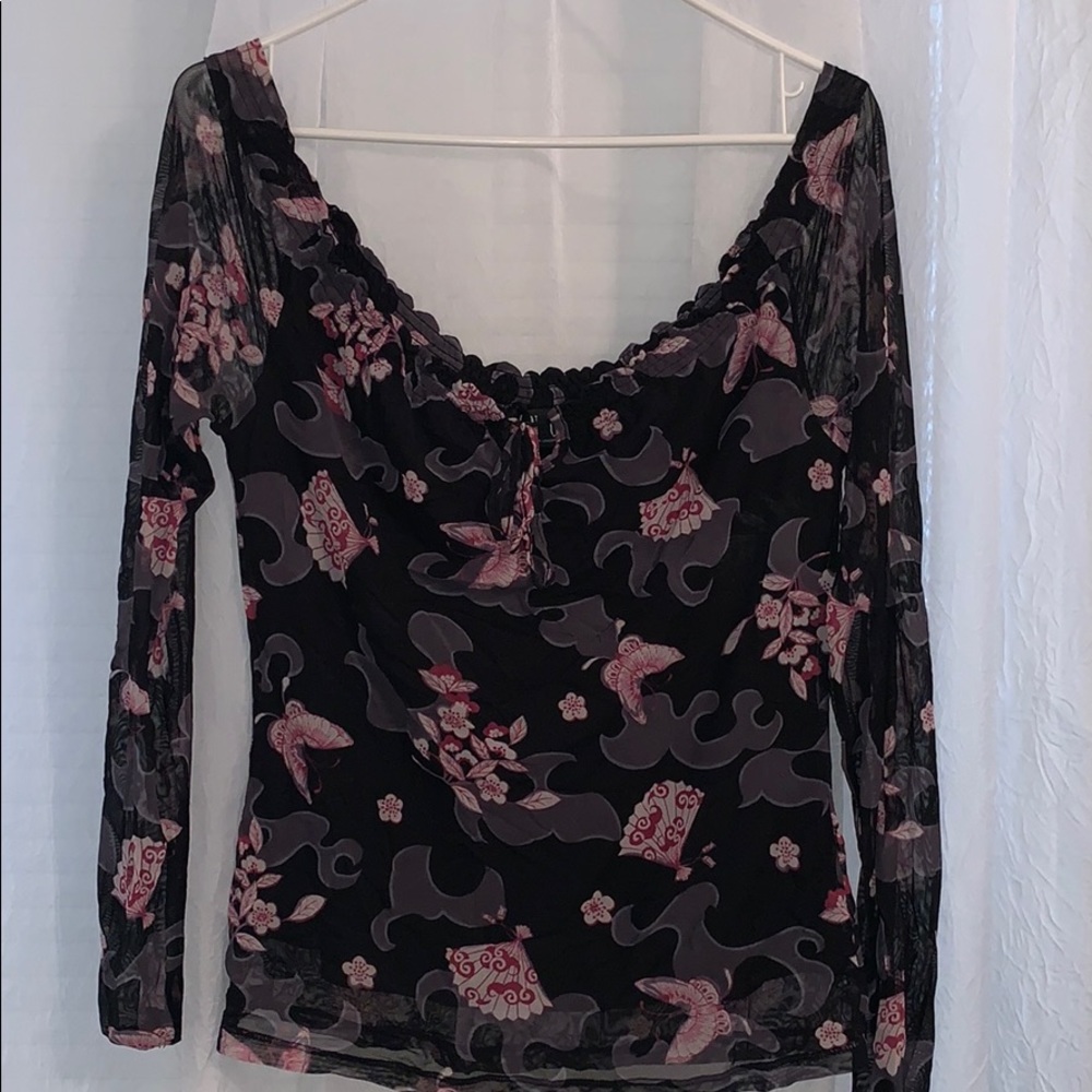 INC Black Top with Sheer Sleeve and Pink Design